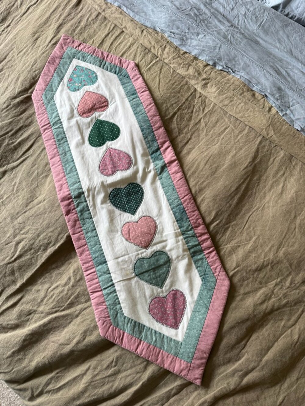 Vintage Handmade Quilted Fabric Table Runner with Hearts